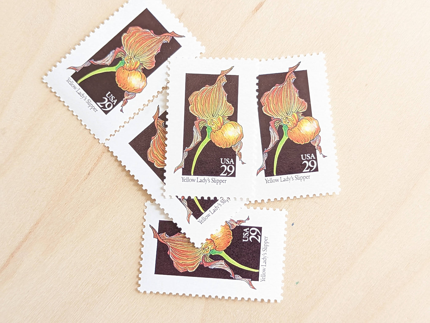 Set of 5 Yellow Lady's Slipper Wildflower Stamps, 29 cent stamps, 1992 Unused USPS Postage Stamps