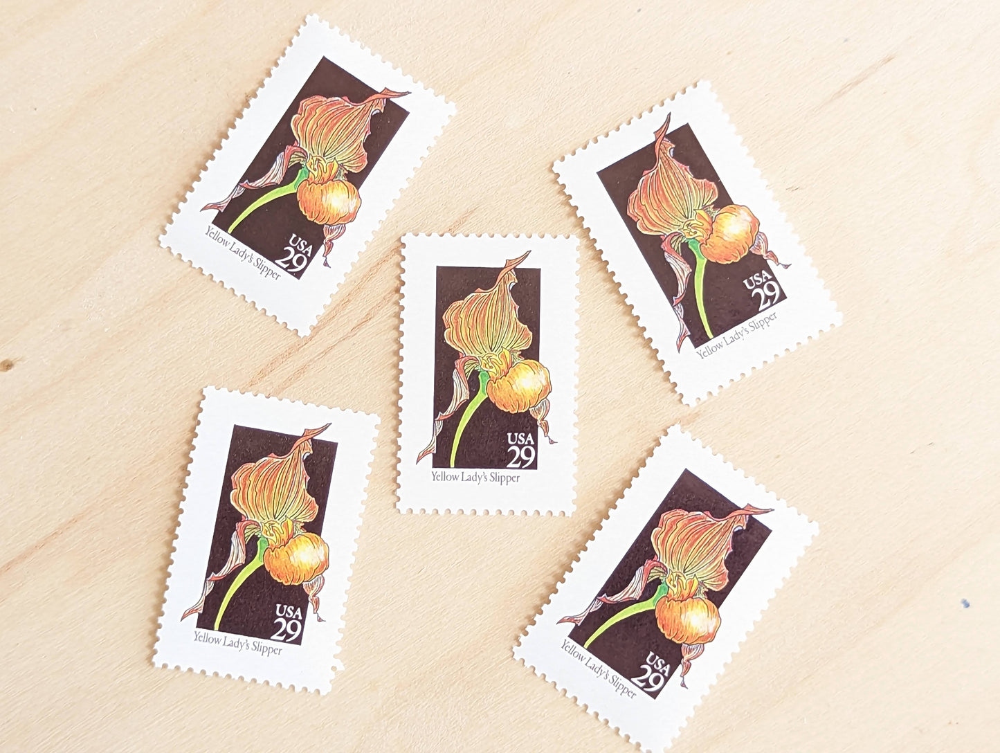 Set of 5 Yellow Lady's Slipper Wildflower Stamps, 29 cent stamps, 1992 Unused USPS Postage Stamps