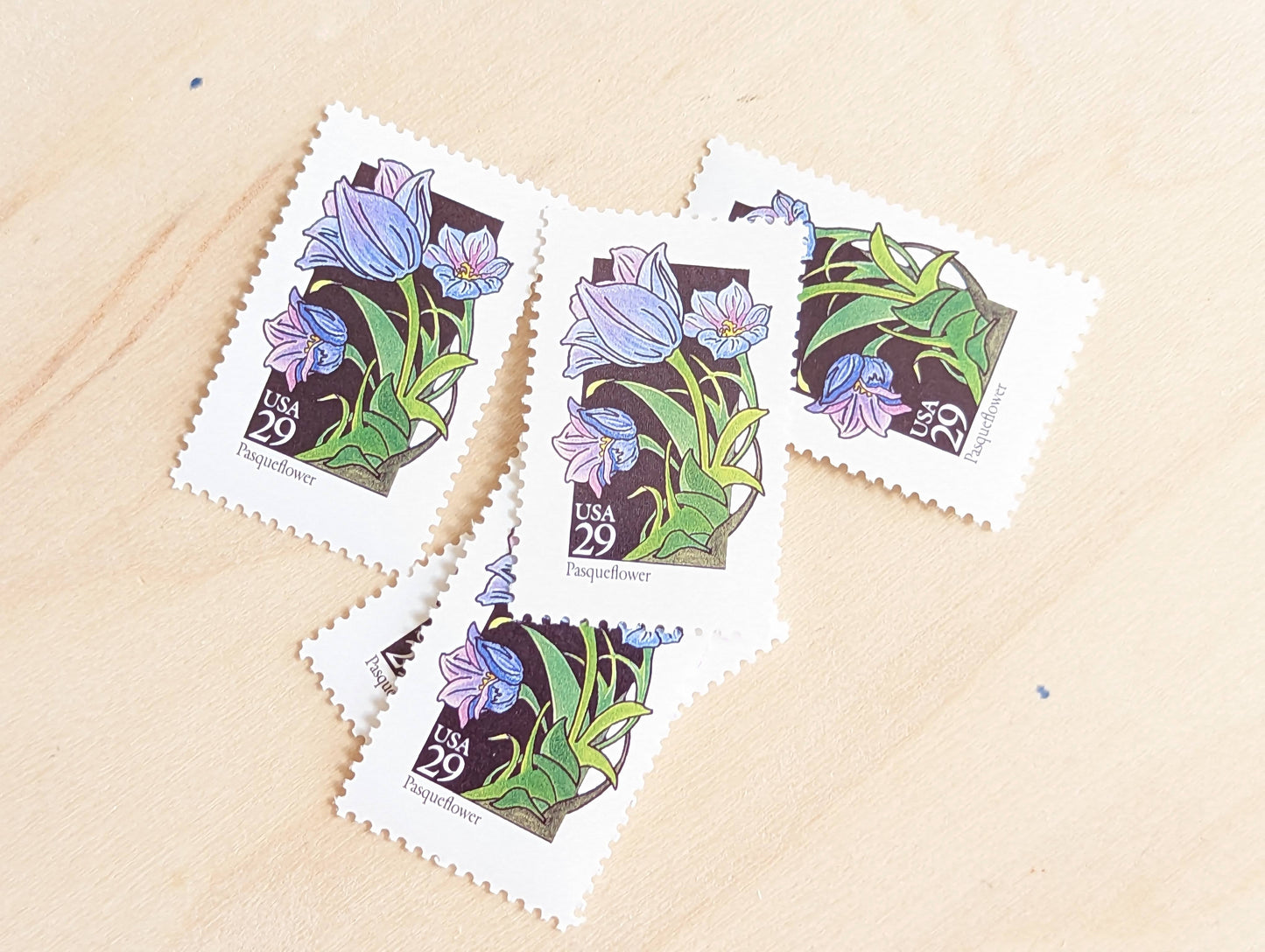 Set of 5 Pasqueflower Wildflower Stamps, 29 cent stamps, 1992 Unused USPS Postage Stamps