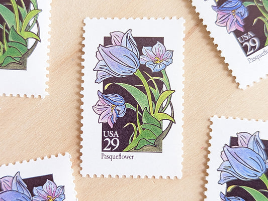 Set of 5 Pasqueflower Wildflower Stamps, 29 cent stamps, 1992 Unused USPS Postage Stamps