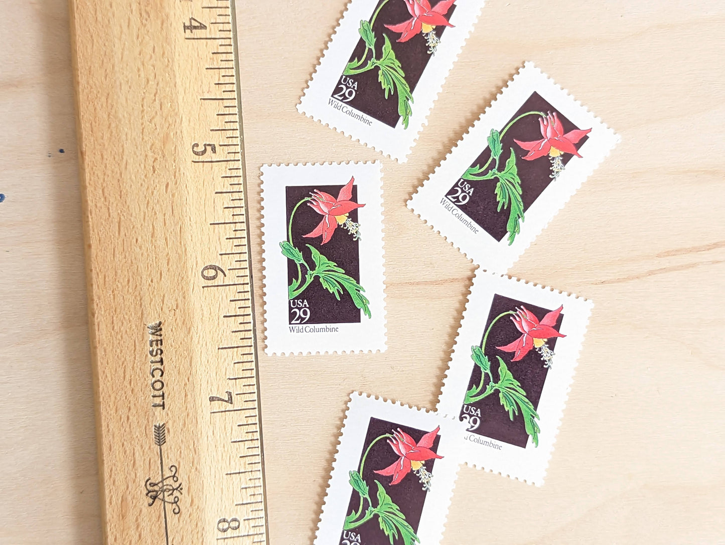 Set of 5 Wild Columbine Wildflower Stamps, 29 cent stamps, 1992 Unused USPS Postage Stamps