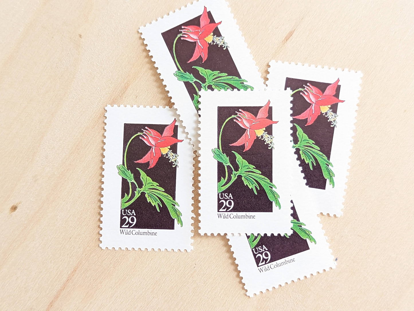 Set of 5 Wild Columbine Wildflower Stamps, 29 cent stamps, 1992 Unused USPS Postage Stamps