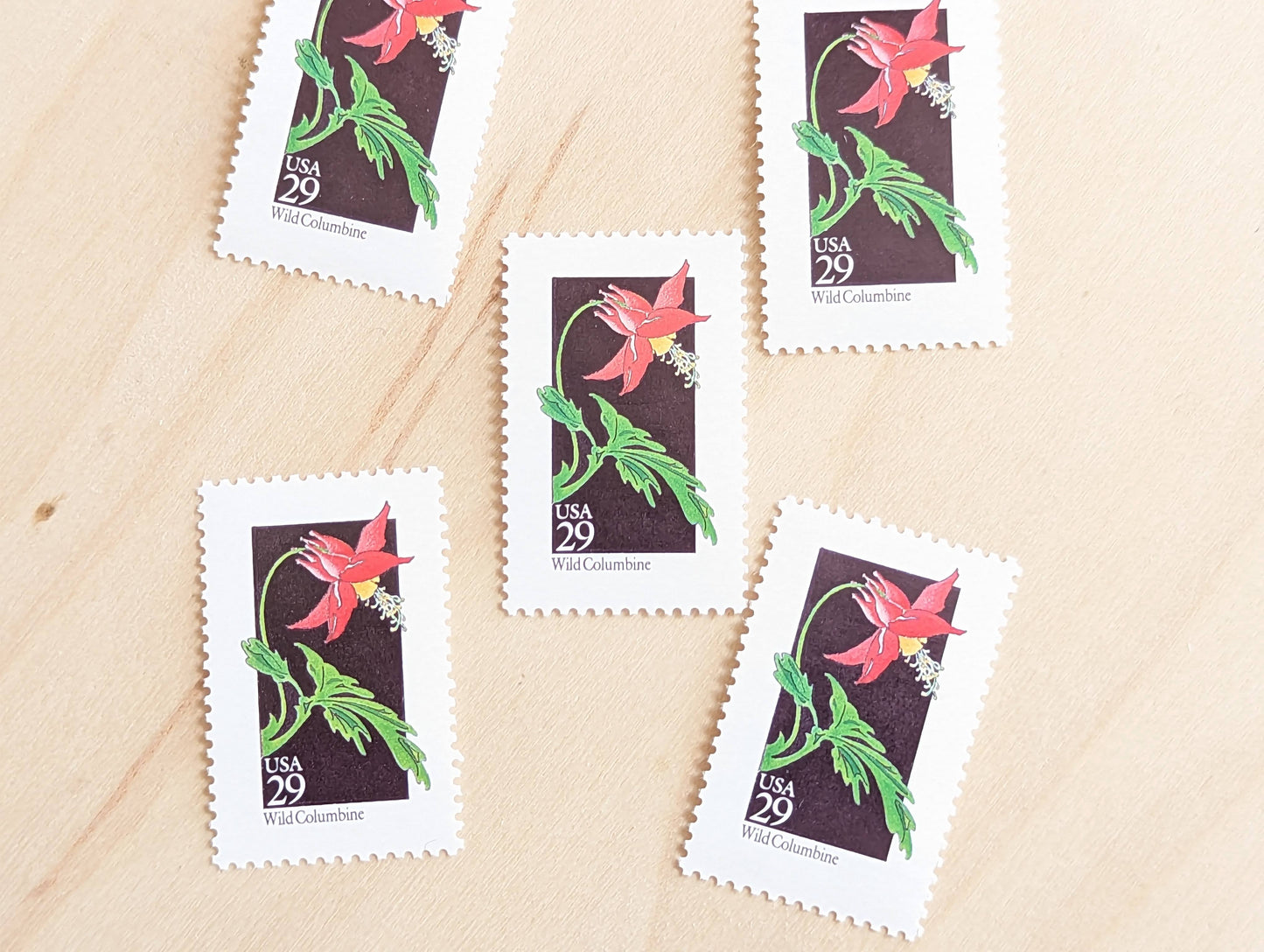 Set of 5 Wild Columbine Wildflower Stamps, 29 cent stamps, 1992 Unused USPS Postage Stamps