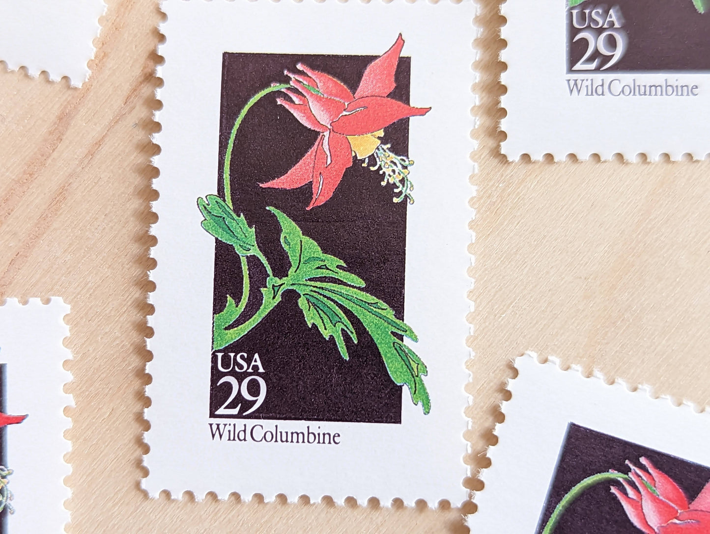 Set of 5 Wild Columbine Wildflower Stamps, 29 cent stamps, 1992 Unused USPS Postage Stamps