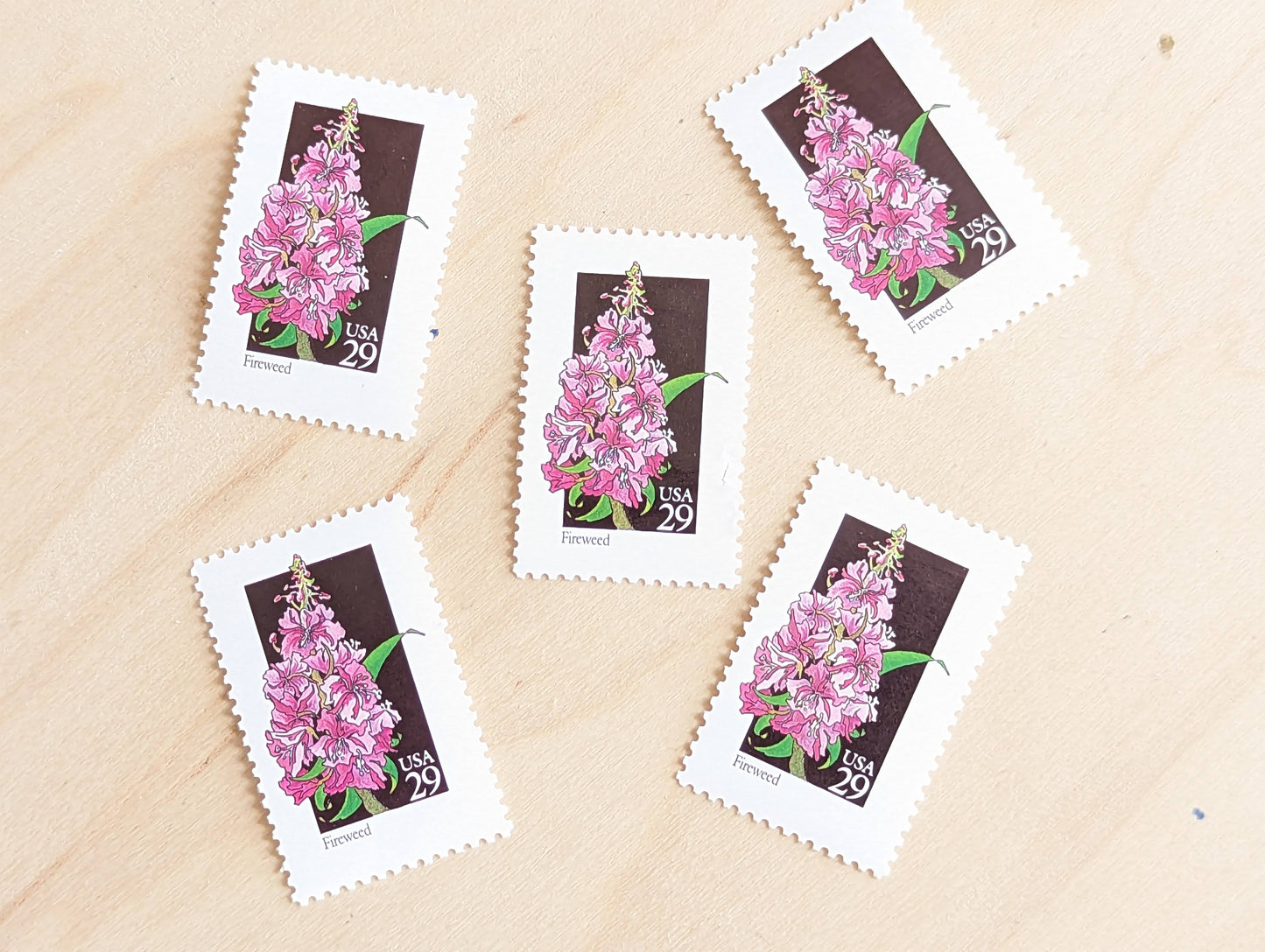 Set of 5 Fireweed Wildflower Stamps, 29 cent stamps, 1992 Unused USPS Postage Stamps