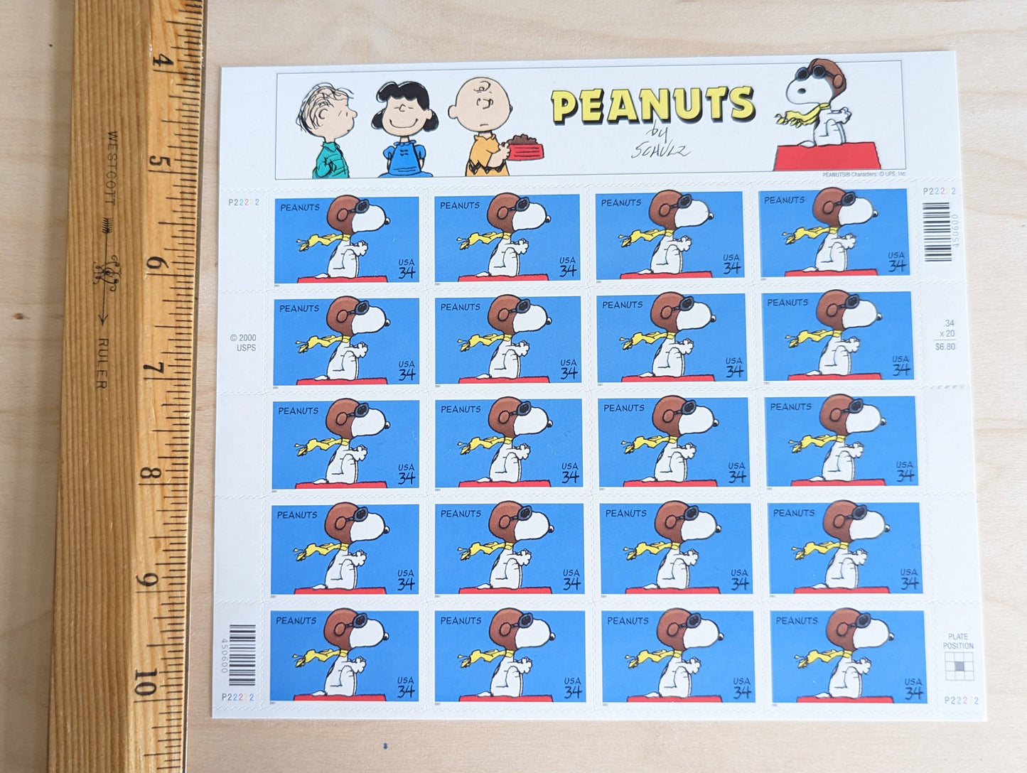 Snoopy Stamp Sheet, Unused US 34 Cent Stamps, 20 Stamps, 2000