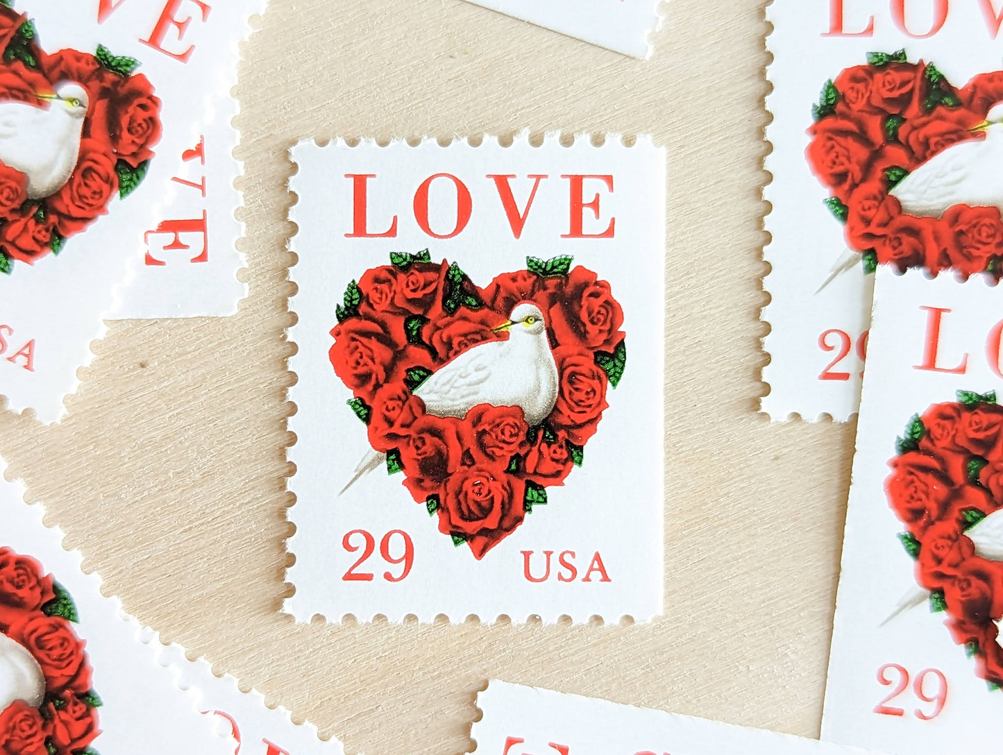 Dove Red Rose Love, Vintage Unused USPS 29 Cent Postage Stamps, Love Series Stamps, 1991, Gummed