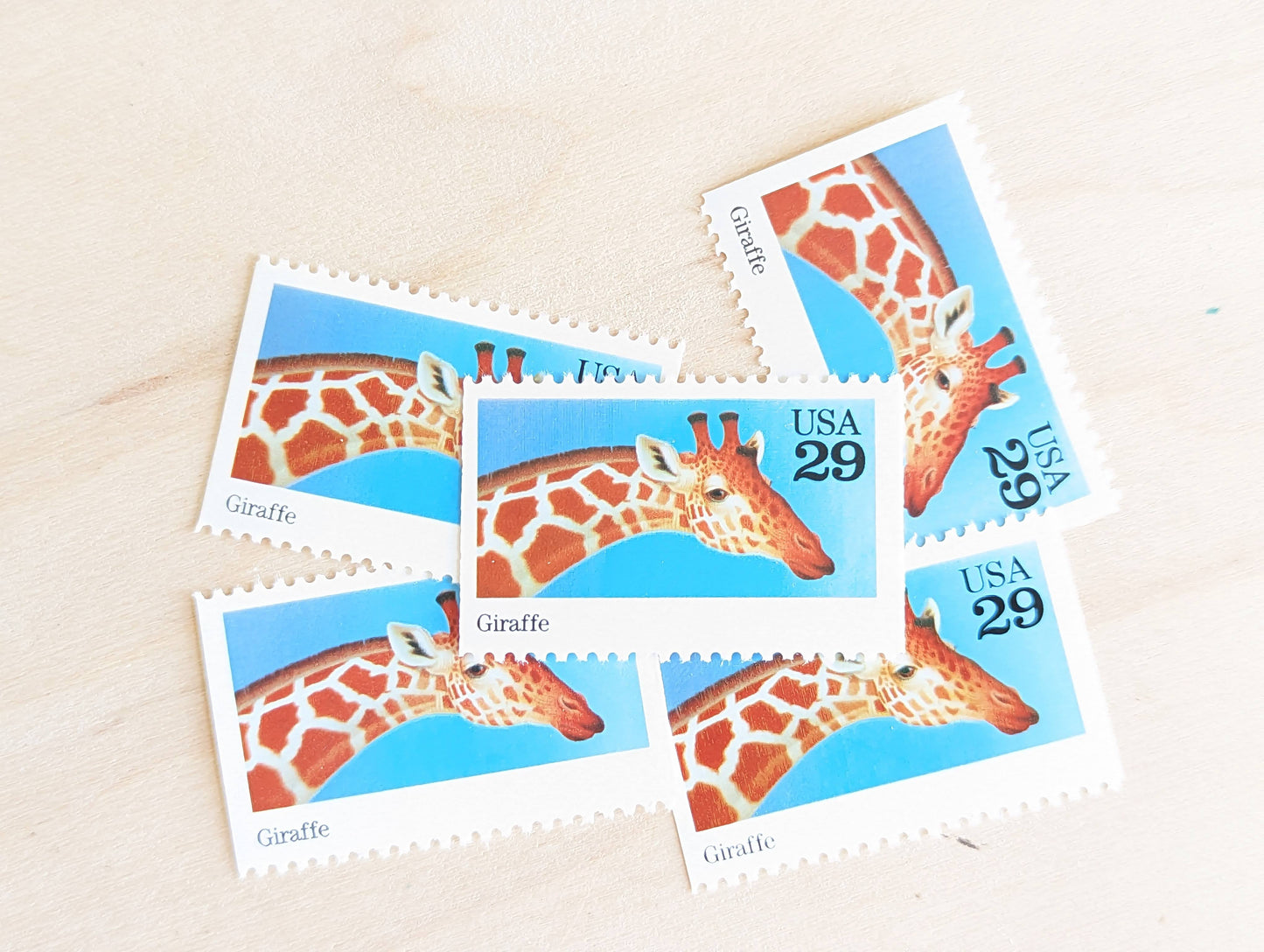 5 Giraffe Stamps, 29 Cent, 1992, Unused Postage Stamps