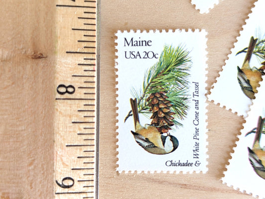 Maine State Stamp, Set of 5, Vintage Unused USPS 20 Cent Postage Stamps, State Bird and Flower, 1982, Gummed