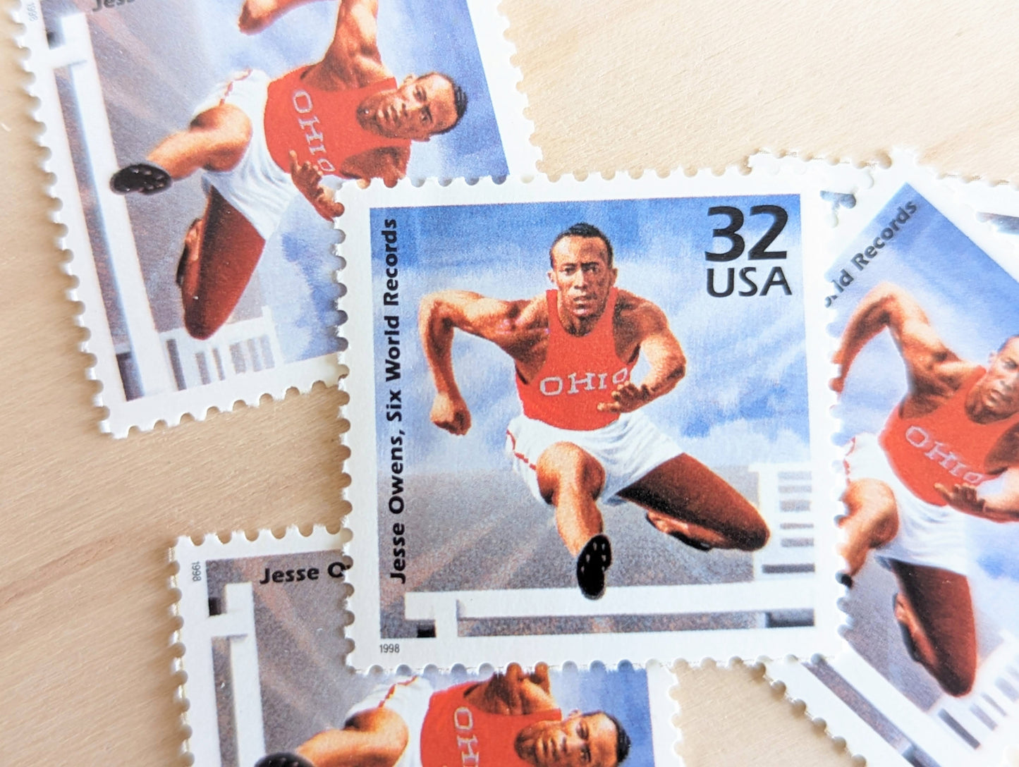 5 Jesse Owens stamps, 32 Cent, 1998, 1930s Celebrate The Century, Unused Postage Stamps