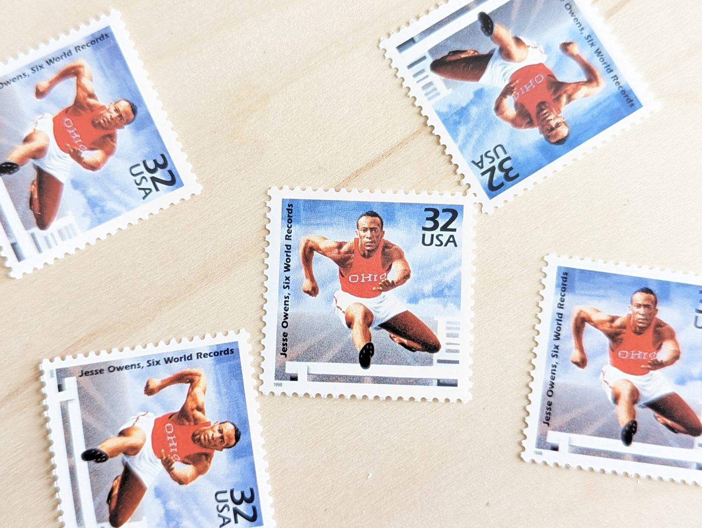 5 Jesse Owens stamps, 32 Cent, 1998, 1930s Celebrate The Century, Unused Postage Stamps