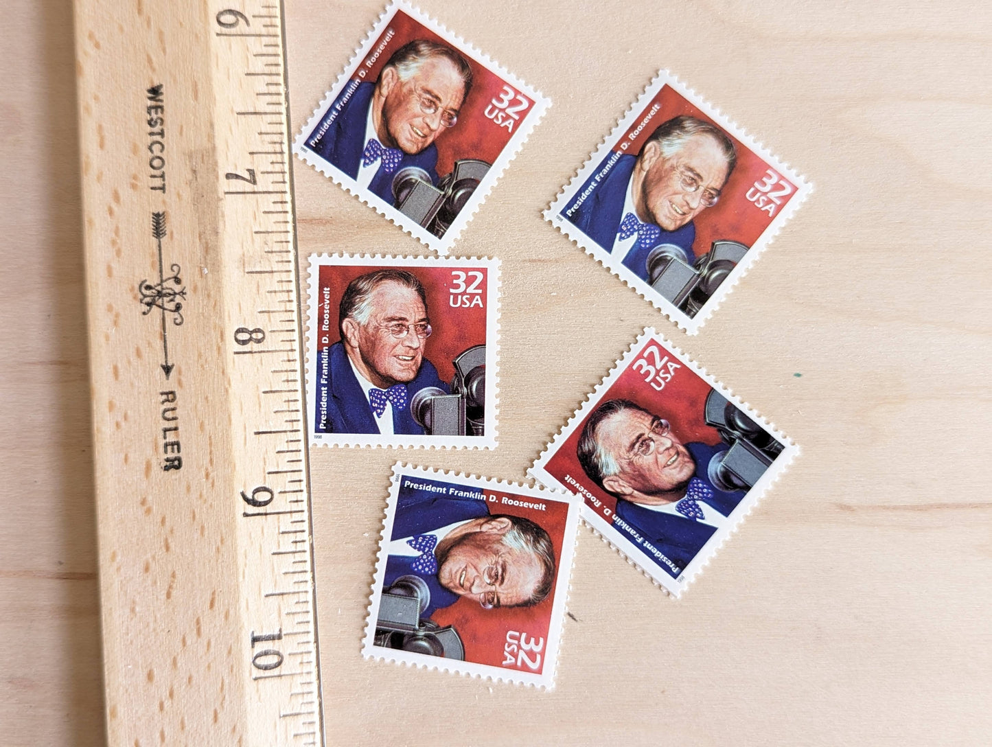 5 President Franklin D Roosevelt stamps, 32 Cent, 1998, 1930s Celebrate The Century, Unused Postage Stamps