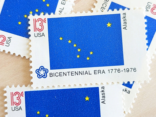 10 Alaska State Flag Stamps, 13 Cent, 1976, State Flag, Unused Postage Stamps