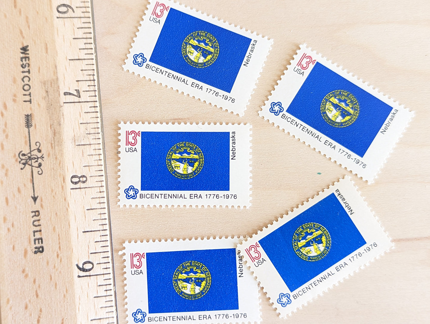 10 Nebraska State Flag Stamps, 13 Cent, 1976, State Flag, Unused Postage Stamps