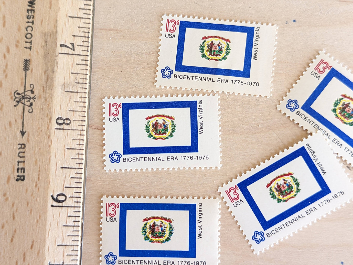 10 West Virgina State Flag Stamps, 13 Cent, 1976, State Flag, Unused Postage Stamps