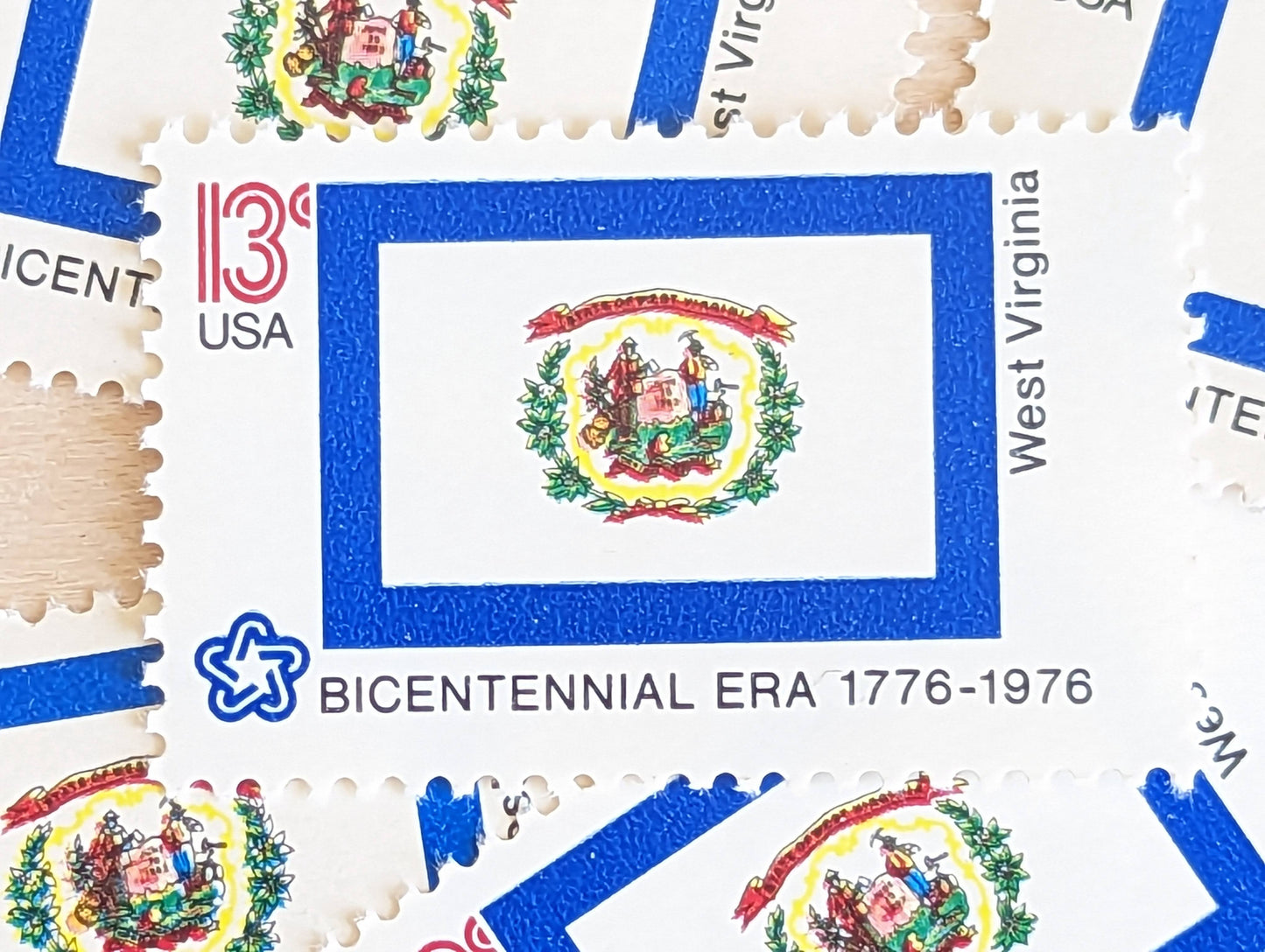 10 West Virgina State Flag Stamps, 13 Cent, 1976, State Flag, Unused Postage Stamps