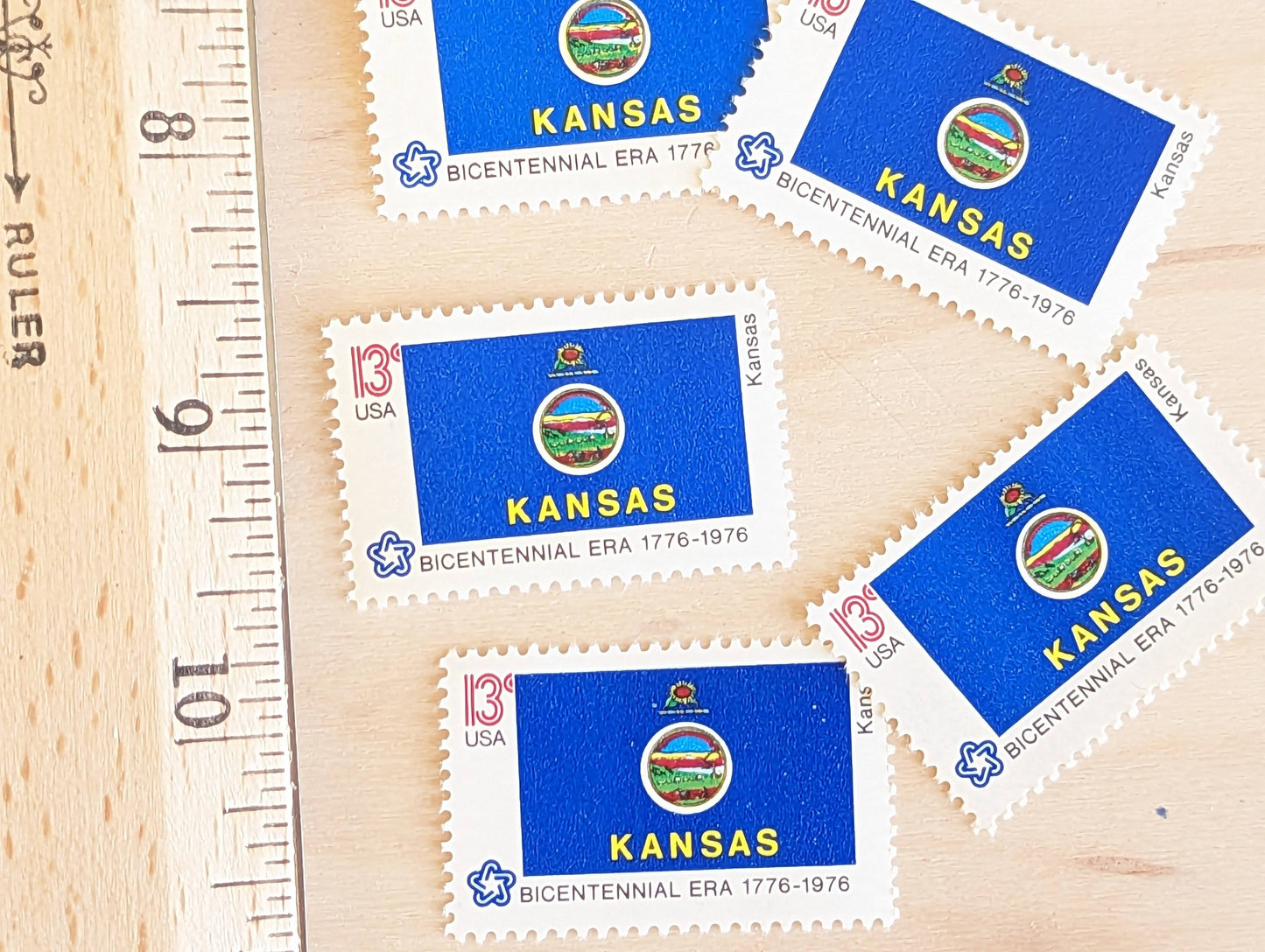 10 Kansas State Flag Stamps, 13 Cent, 1976, State Flag, Unused Postage Stamps