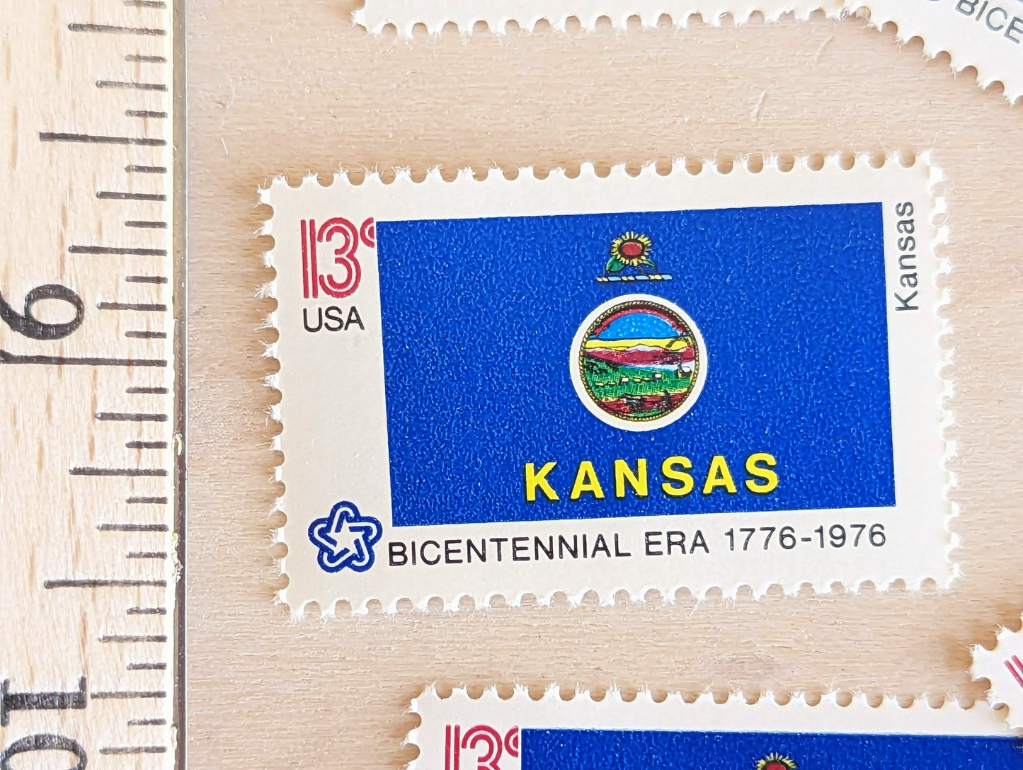 10 Kansas State Flag Stamps, 13 Cent, 1976, State Flag, Unused Postage Stamps