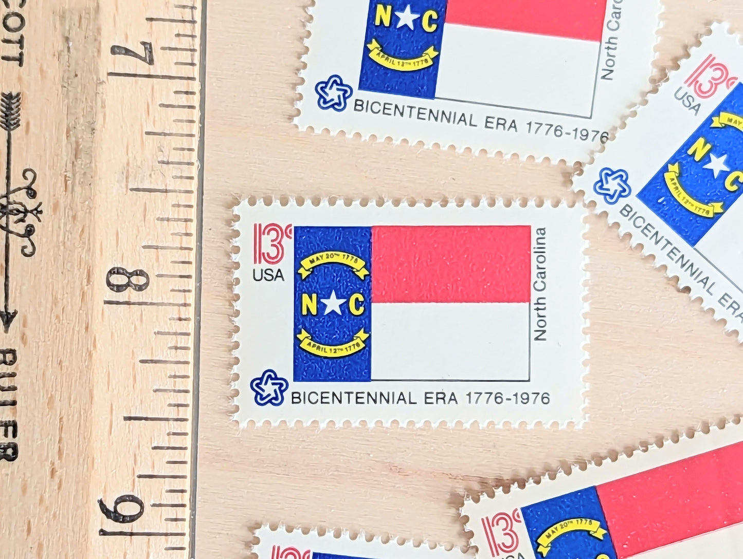 10 North Carolina State Flag Stamps, 13 Cent, 1976, State Flag, Unused Postage Stamps