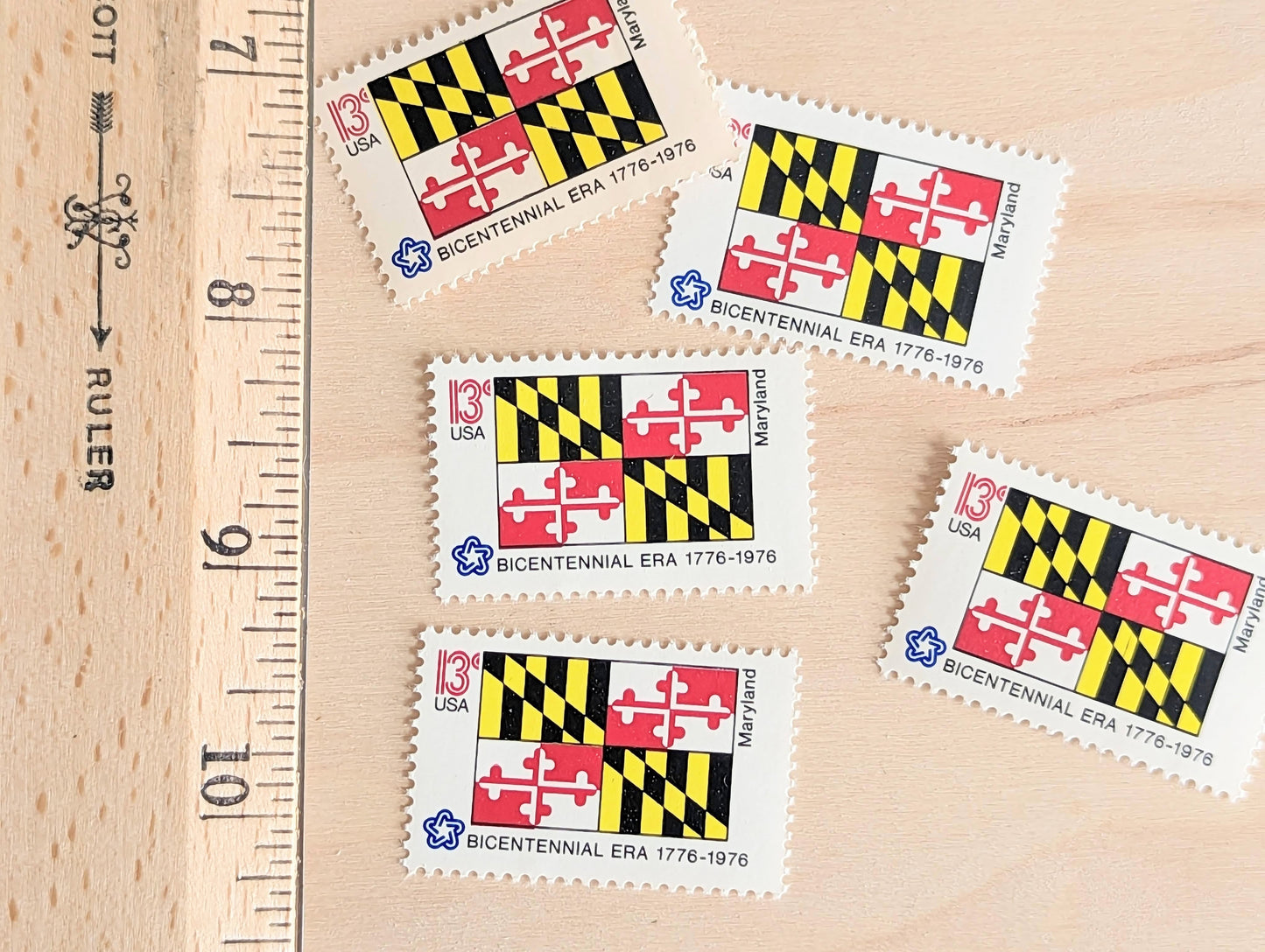 10 Maryland State Flag Stamps, 13 Cent, 1976, State Flag, Unused Postage Stamps