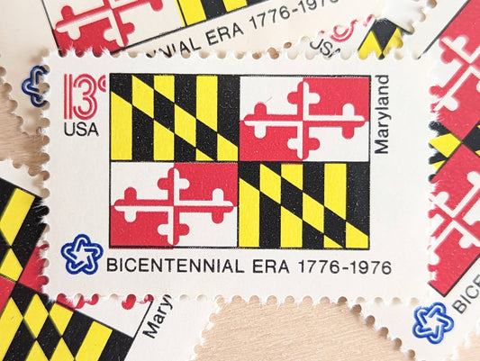 10 Maryland State Flag Stamps, 13 Cent, 1976, State Flag, Unused Postage Stamps