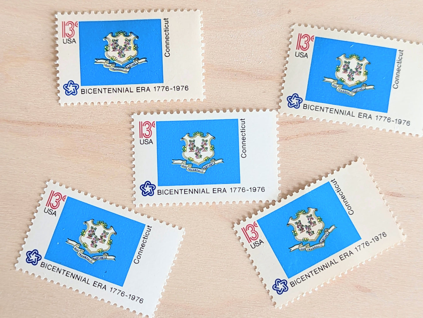 10 Connecticut State Flag Stamps, 13 Cent, 1976, State Flag, Unused Postage Stamps