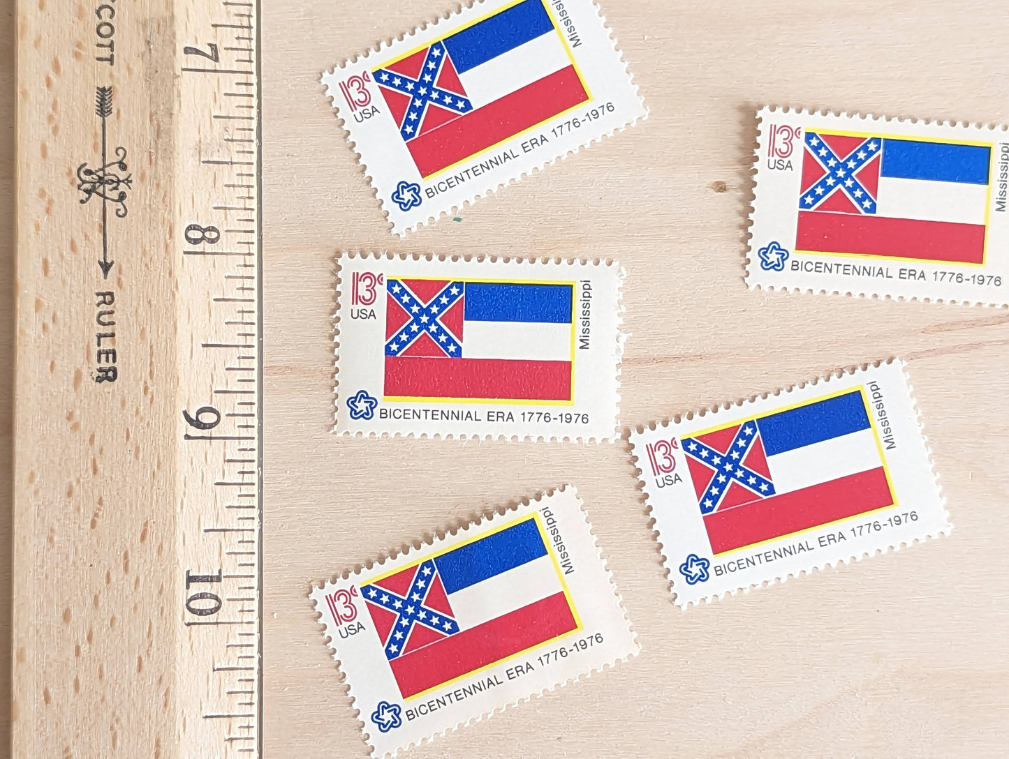 10 Mississippi State Flag Stamps, 13 Cent, 1976, State Flag, Unused Postage Stamps