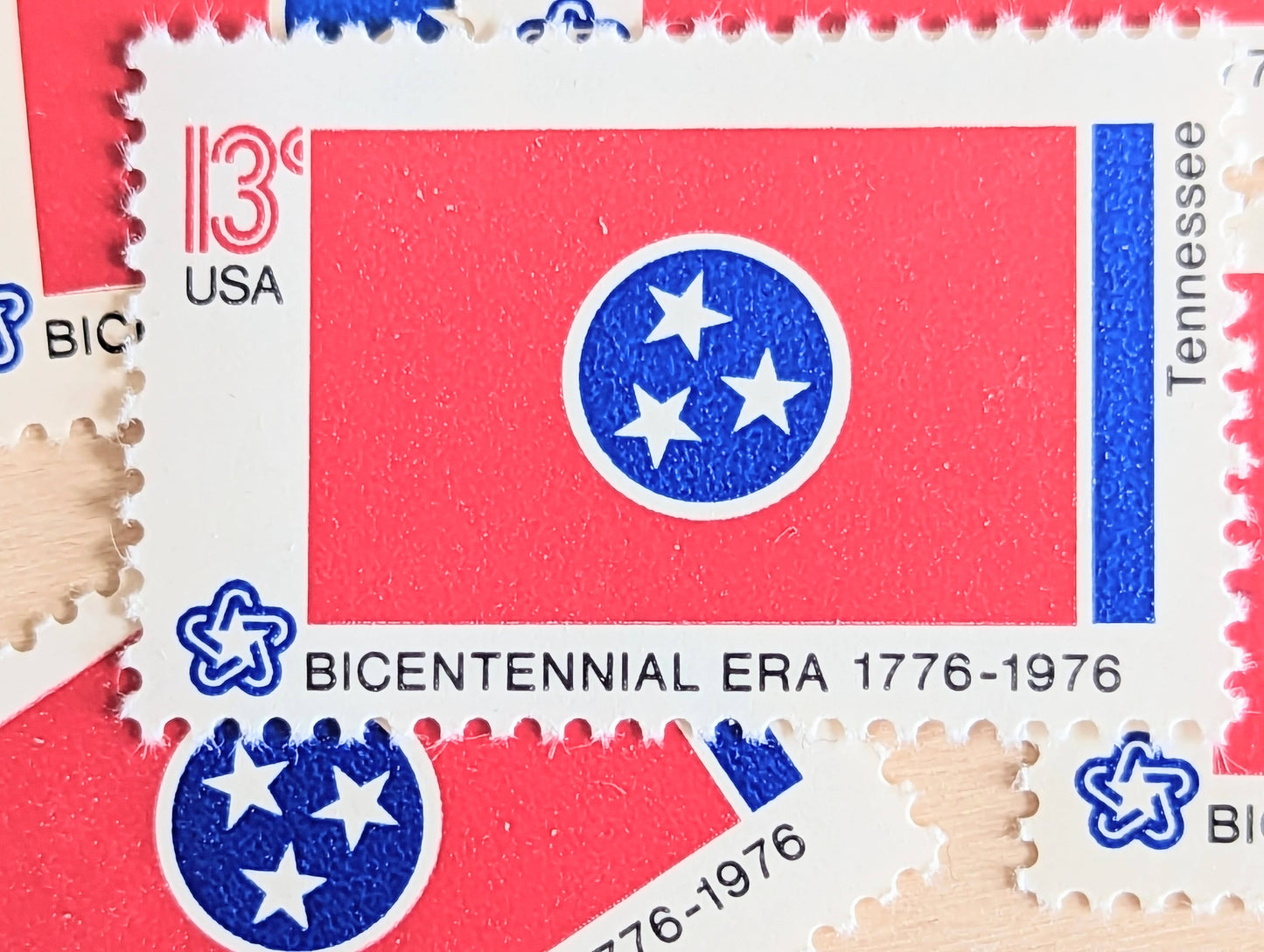 10 Tennessee State Flag Stamps, 13 Cent, 1976, State Flag, Unused Postage Stamps