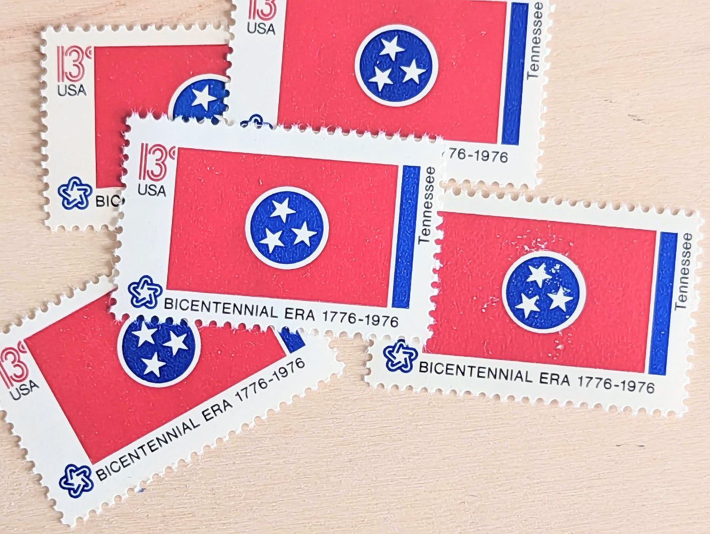 10 Tennessee State Flag Stamps, 13 Cent, 1976, State Flag, Unused Postage Stamps