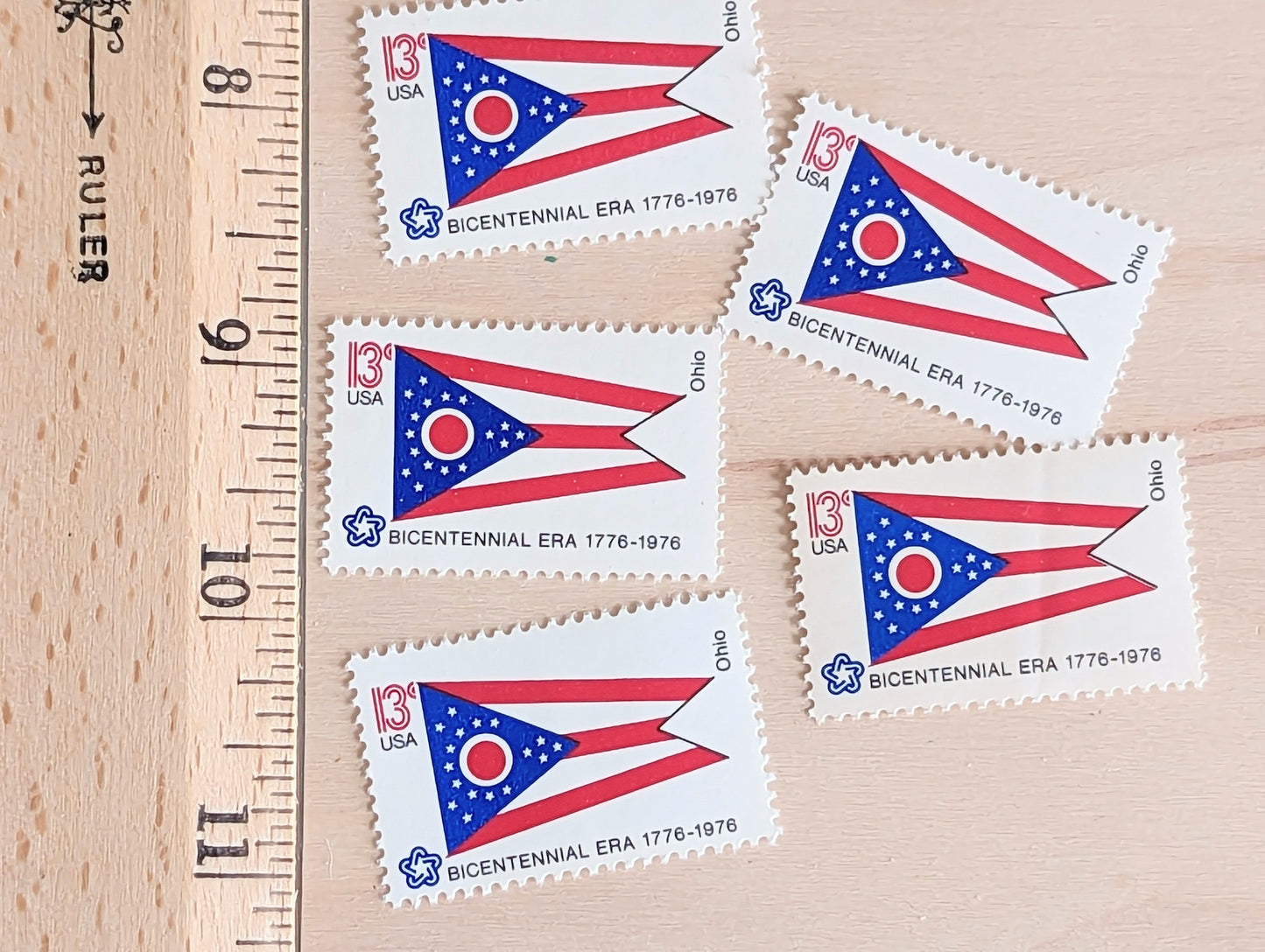 10 Ohio State Flag Stamps, 13 Cent, 1976, State Flag, Unused Postage Stamps