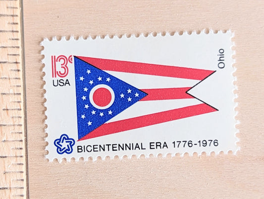 10 Ohio State Flag Stamps, 13 Cent, 1976, State Flag, Unused Postage Stamps