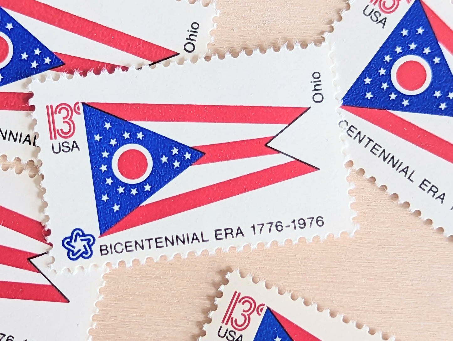 10 Ohio State Flag Stamps, 13 Cent, 1976, State Flag, Unused Postage Stamps