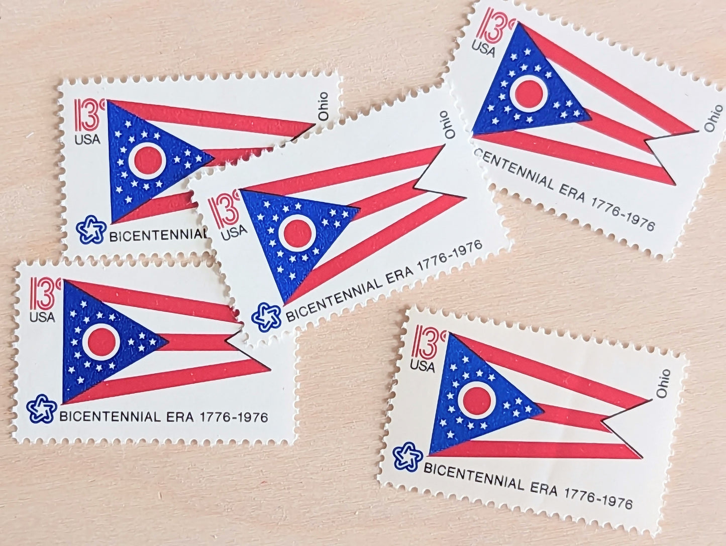 10 Ohio State Flag Stamps, 13 Cent, 1976, State Flag, Unused Postage Stamps