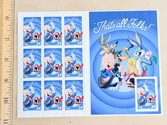 Porky Pig "That's All Folks!", Sheet of 10, Vintage Unused USPS 34 Cent Postage Stamps, Looney Tunes Stamps (Souvenir Sheet), 2000, Gummed