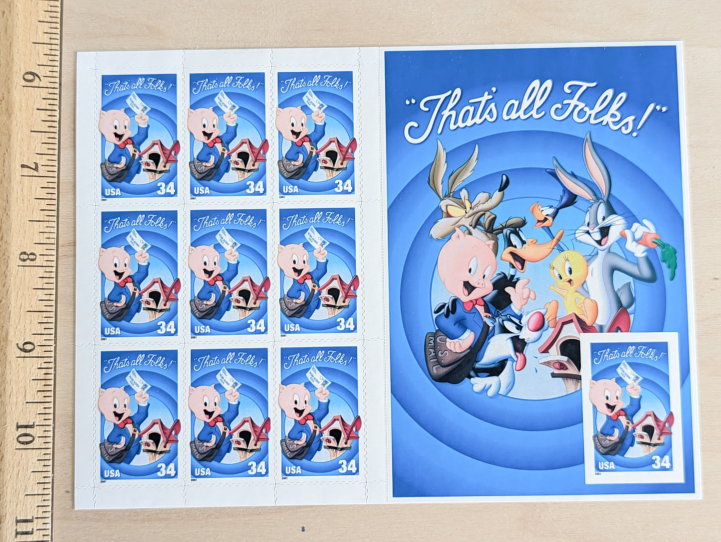 Porky Pig "That's All Folks!", Sheet of 10, Vintage Unused USPS 34 Cent Postage Stamps, Looney Tunes Stamps (Souvenir Sheet), 2000, Gummed