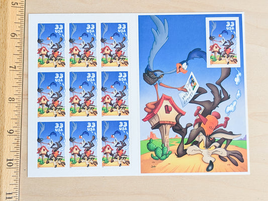 Wile E. Coyote and Road Runner Looney Tunes, Sheet of 10, Vintage Unused USPS 33 Cent Postage Stamps, Looney Tunes Stamps (Souvenir Sheet), 2000, Gummed