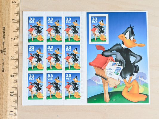 Daffy Duck Looney Tunes, Sheet of 10, Vintage Unused USPS 33 Cent Postage Stamps, Looney Tunes Stamps (Souvenir Sheet), 1999, Gummed