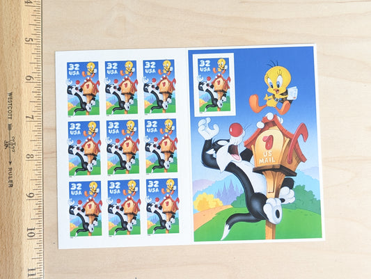 Sylvester and Tweety Looney Tunes, Sheet of 10, Vintage Unused USPS 32 Cent Postage Stamps, Looney Tunes Stamps (Souvenir Sheet), 1997, Gummed