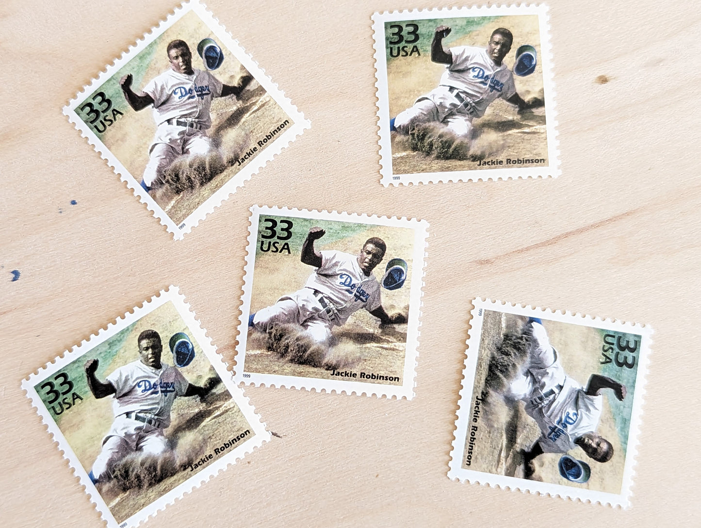 5 Jackie Robinson stamps, 33 Cent, 1998, 1940s Celebrate The Century, Unused Postage Stamps