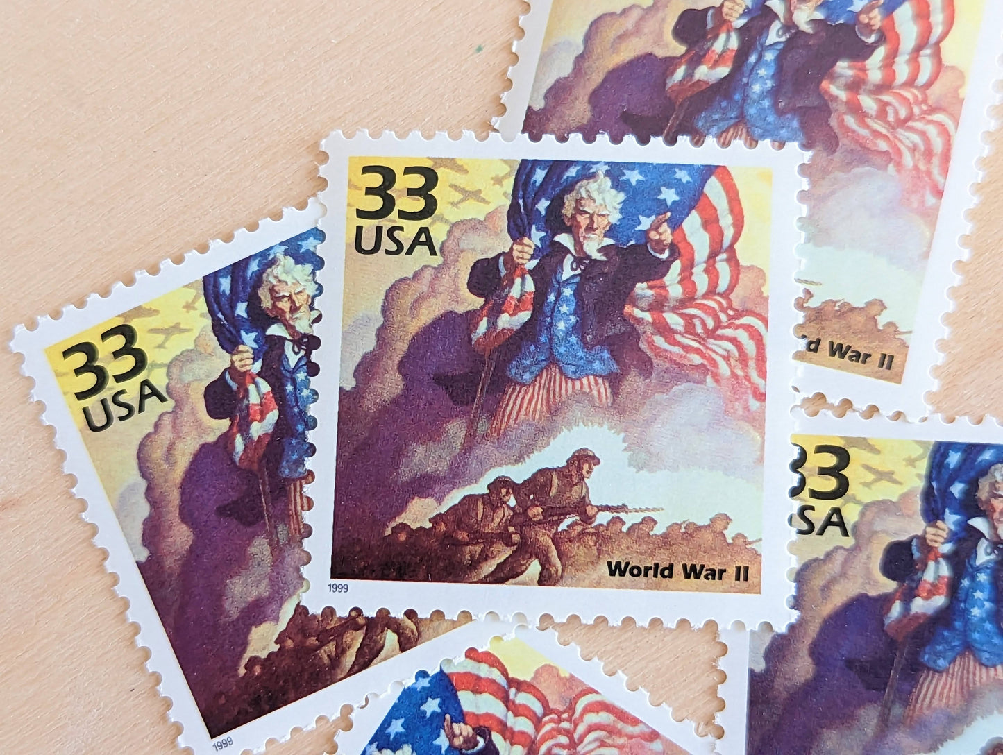 5 World War II Stamps, 33 Cent, 1998, 1940s Celebrate The Century, Unused Postage Stamps