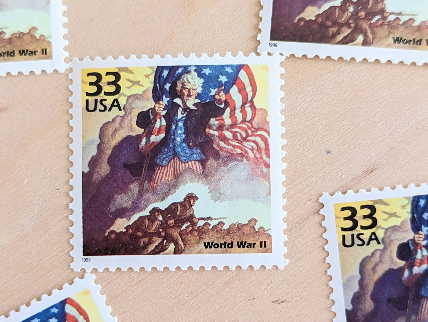 5 World War II Stamps, 33 Cent, 1998, 1940s Celebrate The Century, Unused Postage Stamps