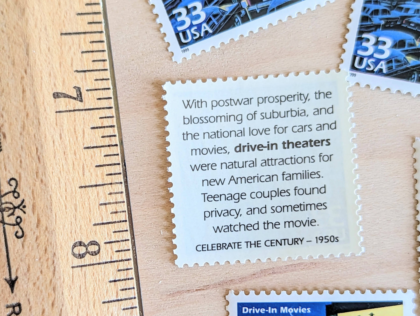 5 Drive-In Theaters Stamps, 33 Cent, 1998, 1950s Celebrate The Century, Unused Postage Stamps