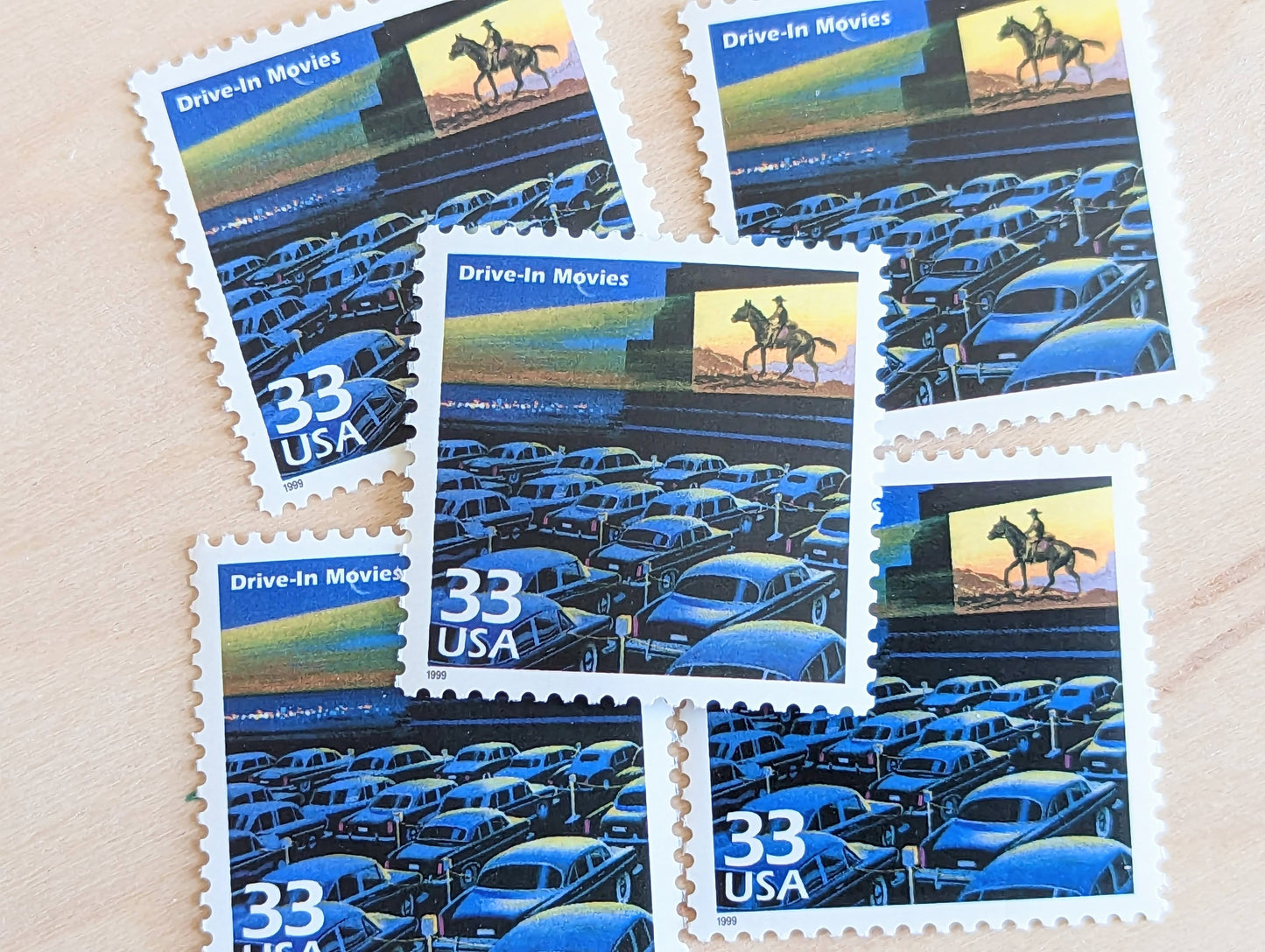 5 Drive-In Theaters Stamps, 33 Cent, 1998, 1950s Celebrate The Century, Unused Postage Stamps