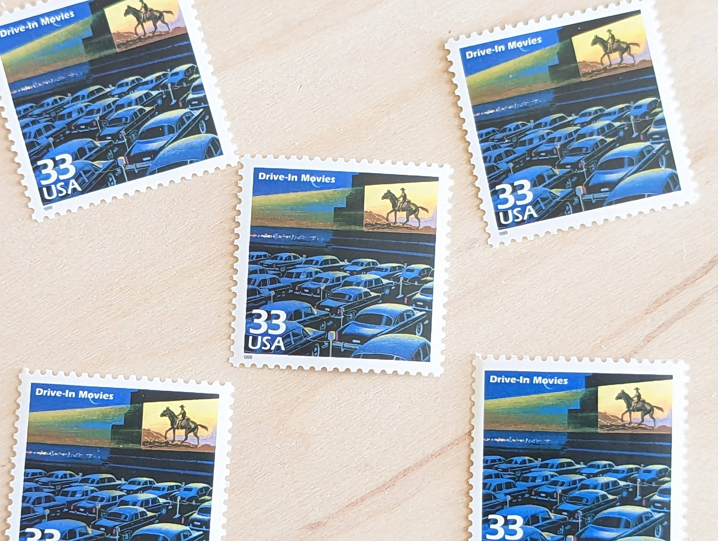 5 Drive-In Theaters Stamps, 33 Cent, 1998, 1950s Celebrate The Century, Unused Postage Stamps