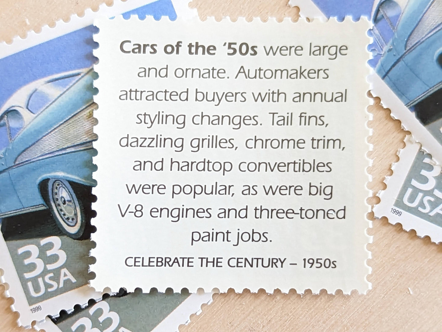 5 Cars of The 50s Stamps, 33 Cent, 1998, 1950s Celebrate The Century, Unused Postage Stamps