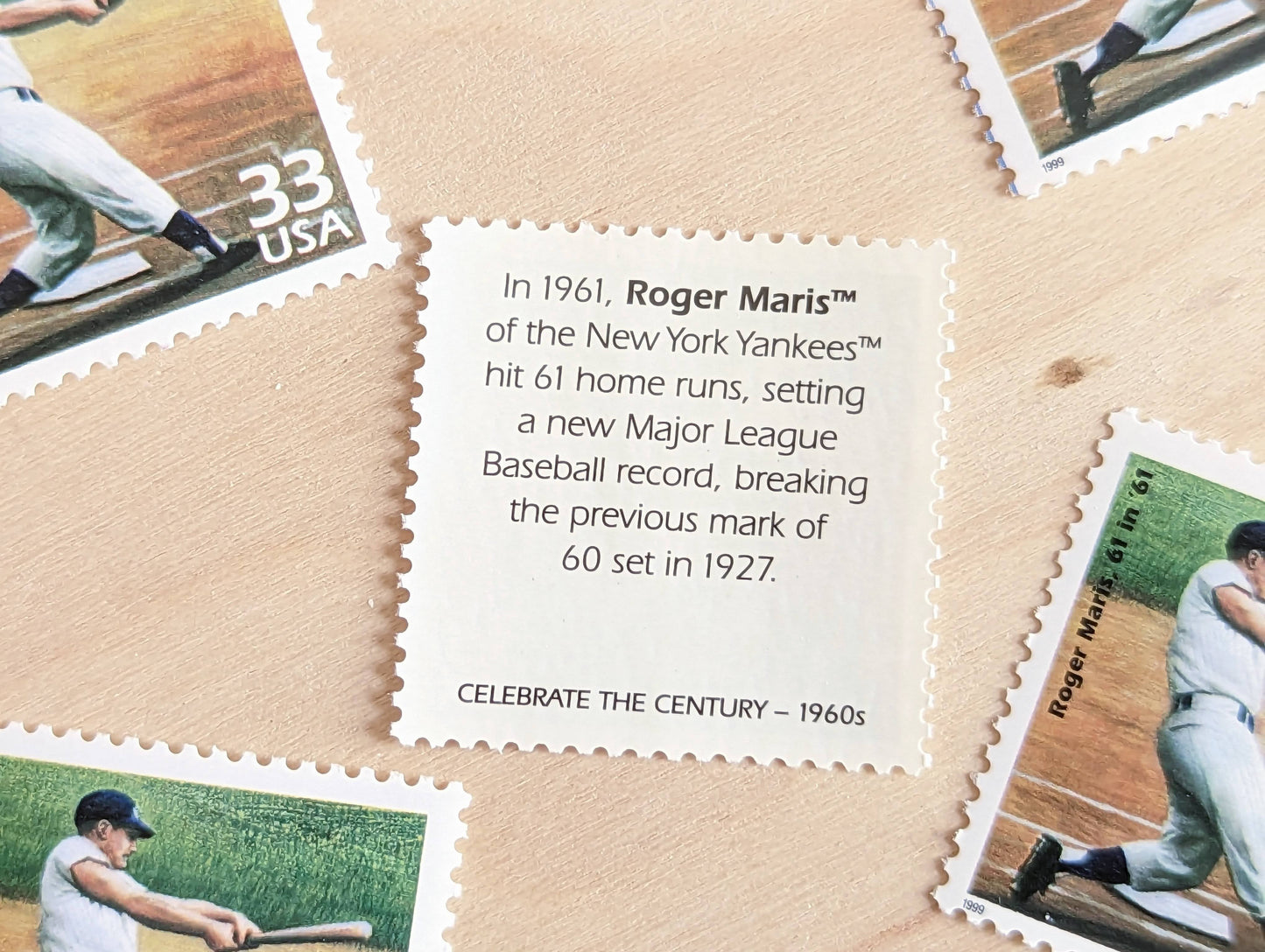 5 Roger Maris Stamps, 33 Cent, 1998, 1960s Celebrate The Century, Unused Postage Stamps