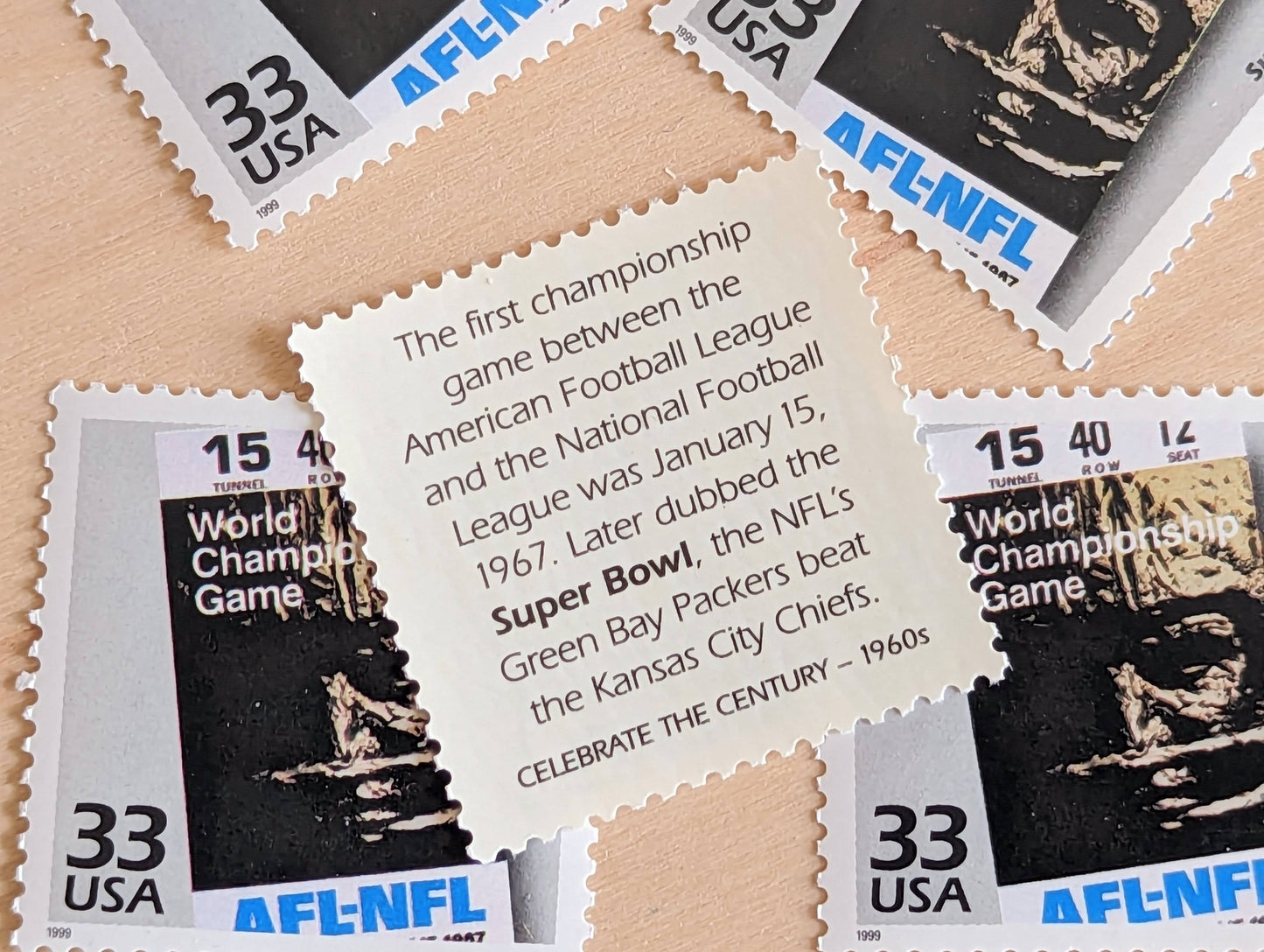 5 Super Bowl Stamps, 33 Cent, 1998, 1960s Celebrate The Century, Unused Postage Stamps