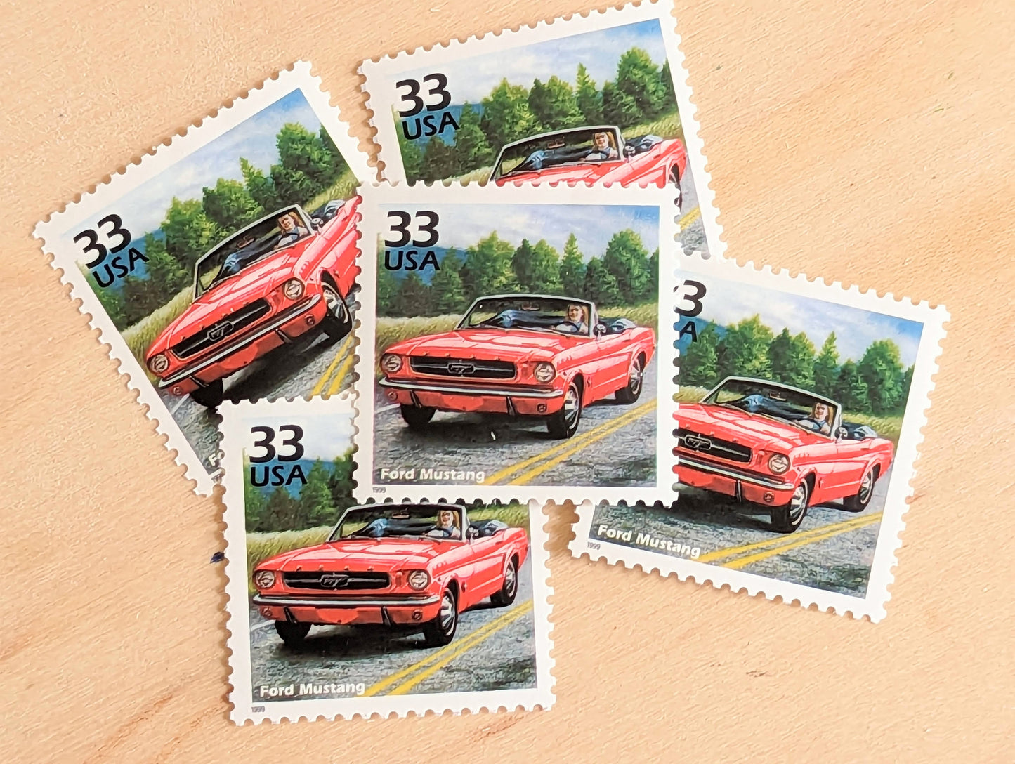 5 Mustang Stamps, 33 Cent, 1998, 1960s Celebrate The Century, Unused Postage Stamps