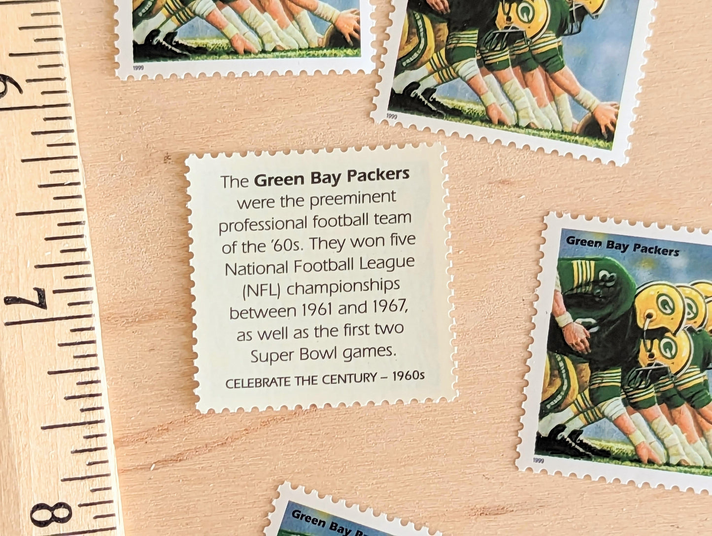 5 Green Bay Packers Stamps, 33 Cent, 1998, 1960s Celebrate The Century, Unused Postage Stamps