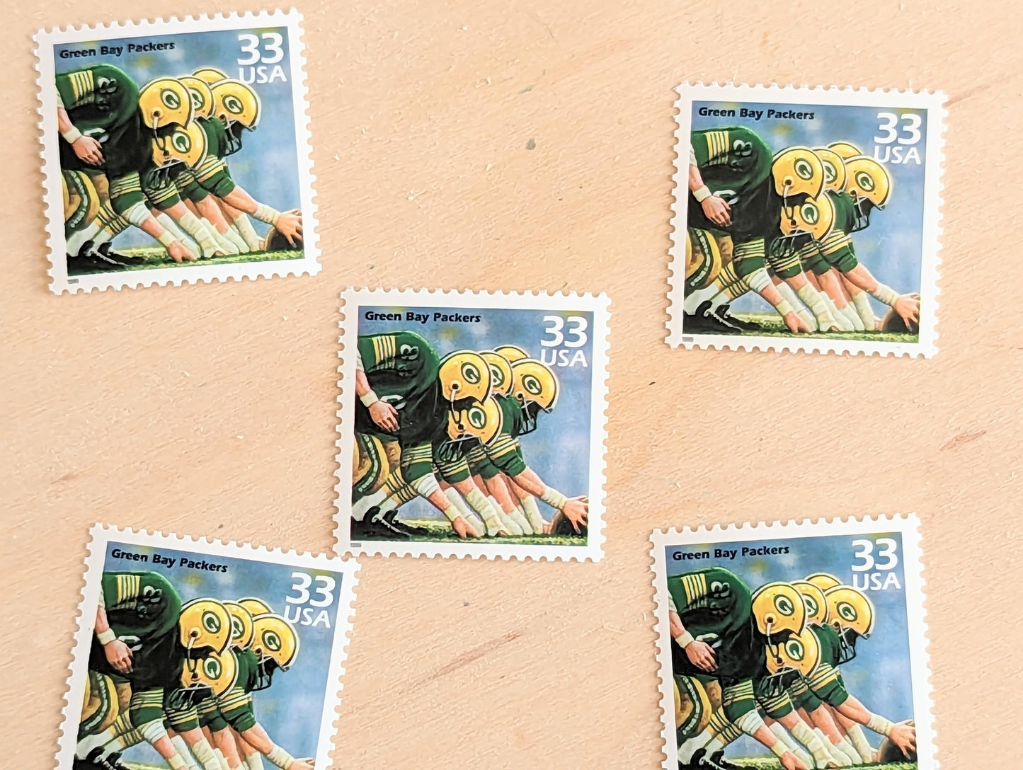 5 Green Bay Packers Stamps, 33 Cent, 1998, 1960s Celebrate The Century, Unused Postage Stamps